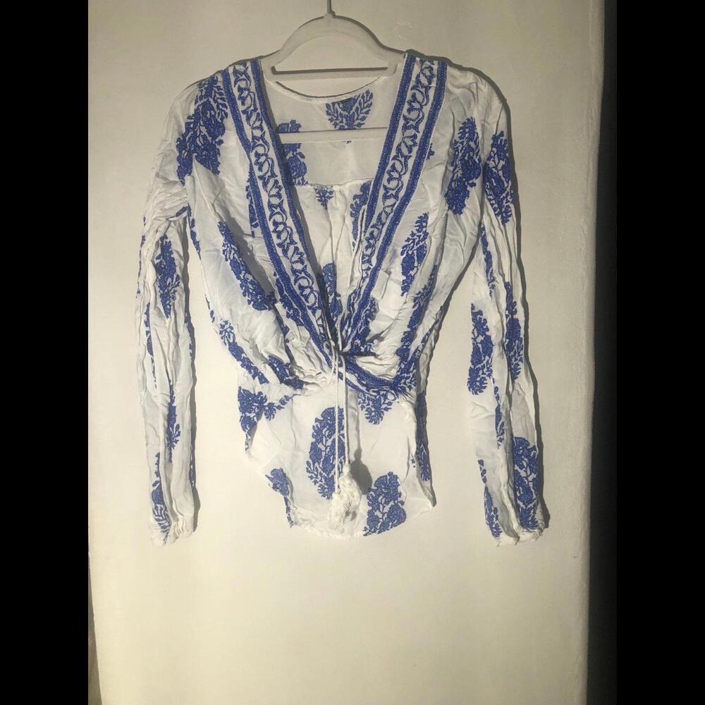 Long sleeve hi lo tie front blue and white Greek top
